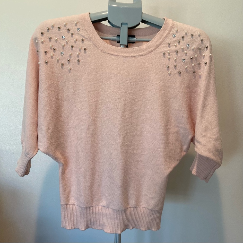 iZ Byer Light Baby Pink Batwing Blouse Pearl Rhinestone Bling Bedazzled Twee Fun